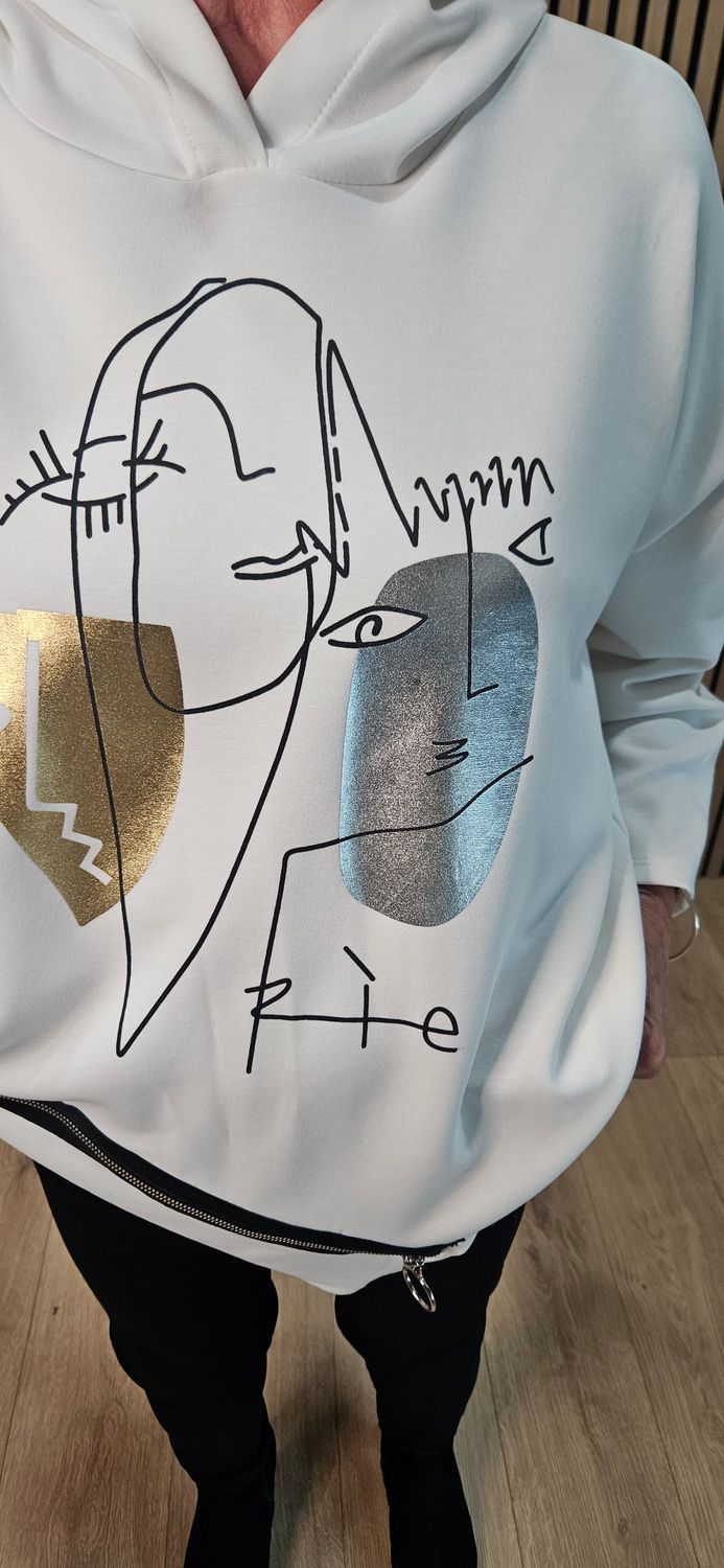 Abstract Face Zip-Detail Hooded Sweatshirt