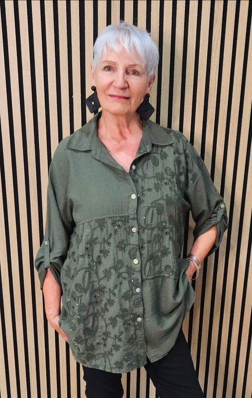 Embroidered Floral Panel Shirt – Khaki