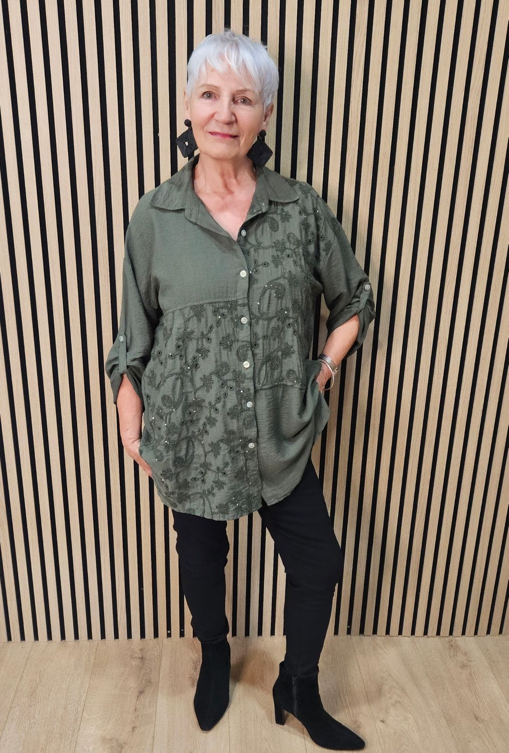 Embroidered Floral Panel Shirt – Khaki