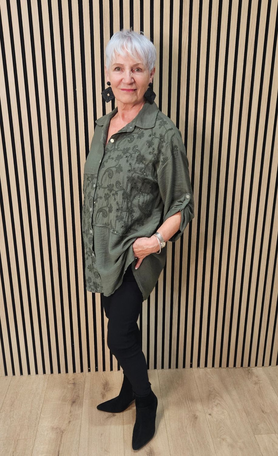 Embroidered Floral Panel Shirt – Khaki