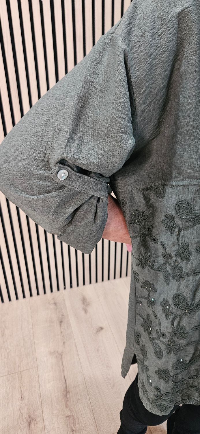 Embroidered Floral Panel Shirt – Khaki