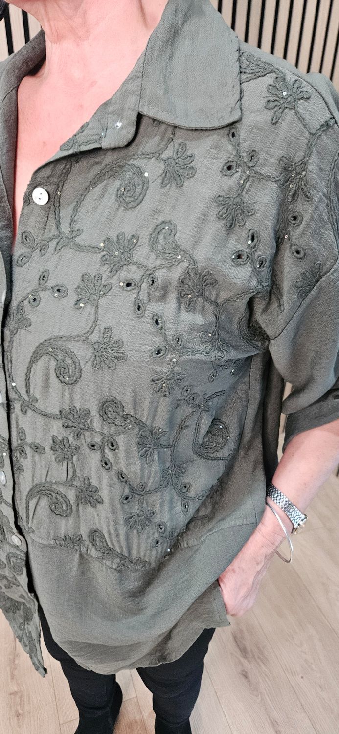 Embroidered Floral Panel Shirt – Khaki