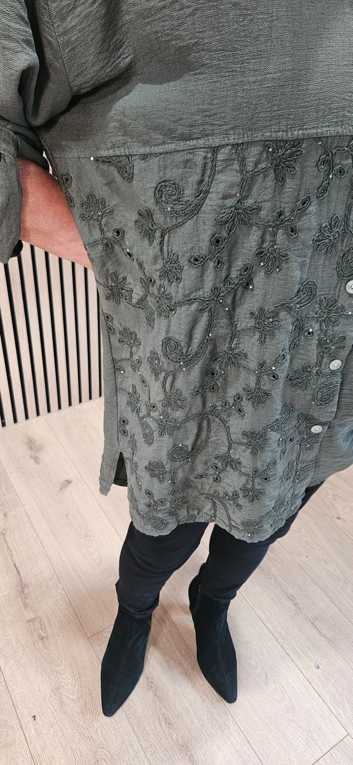 Embroidered Floral Panel Shirt – Khaki