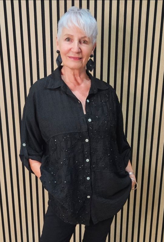 Embroidered Floral Panel Shirt - Black