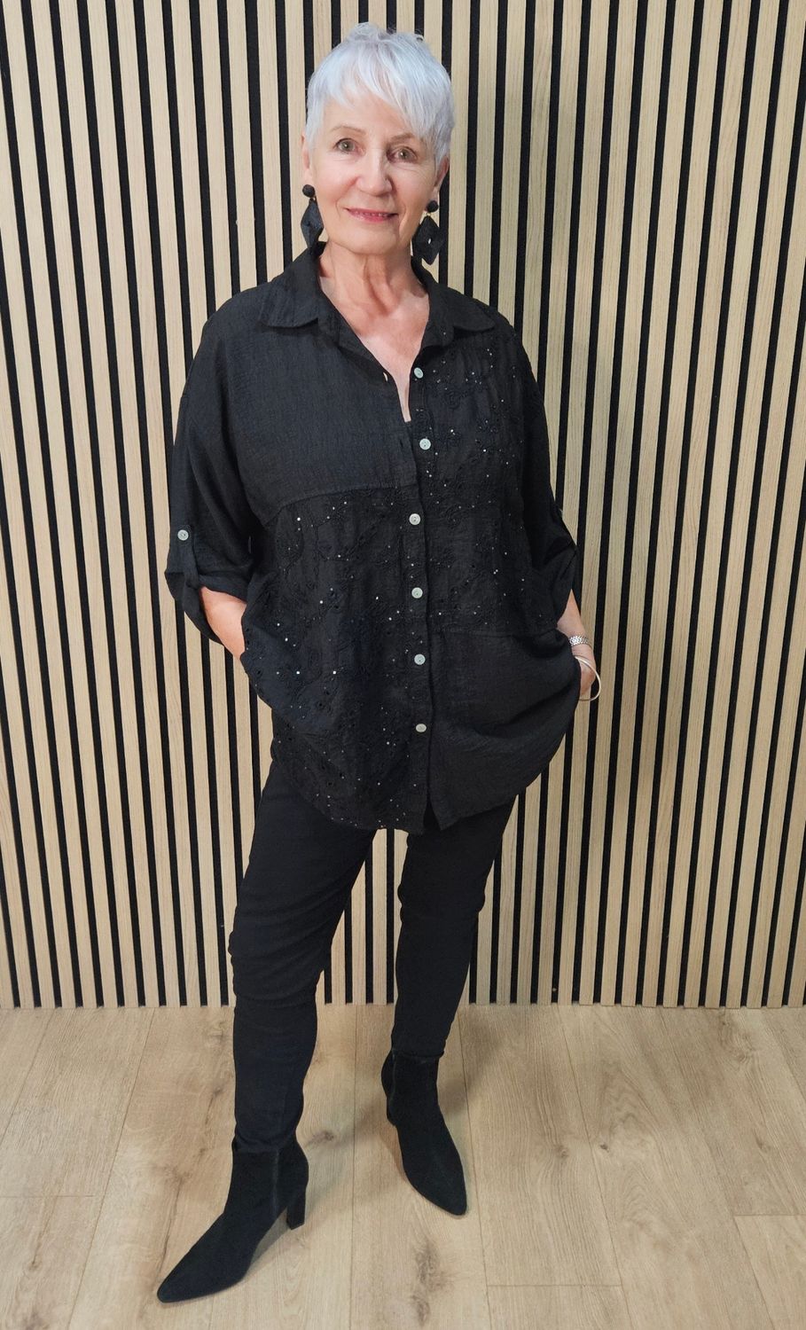 Embroidered Floral Panel Shirt - Black