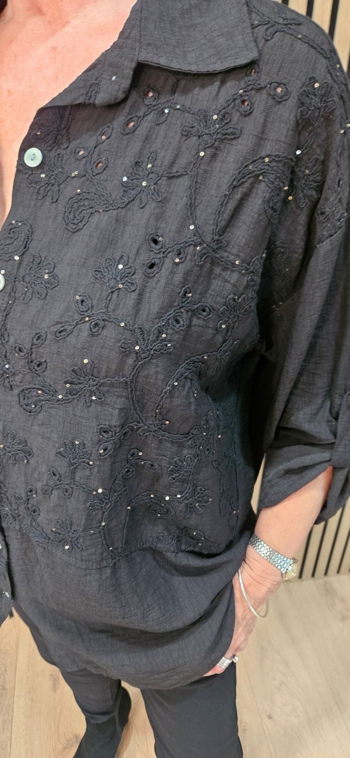 Embroidered Floral Panel Shirt - Black