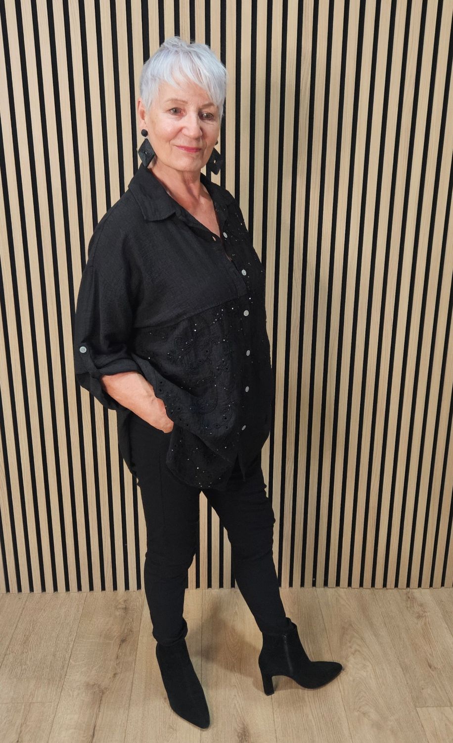 Embroidered Floral Panel Shirt - Black