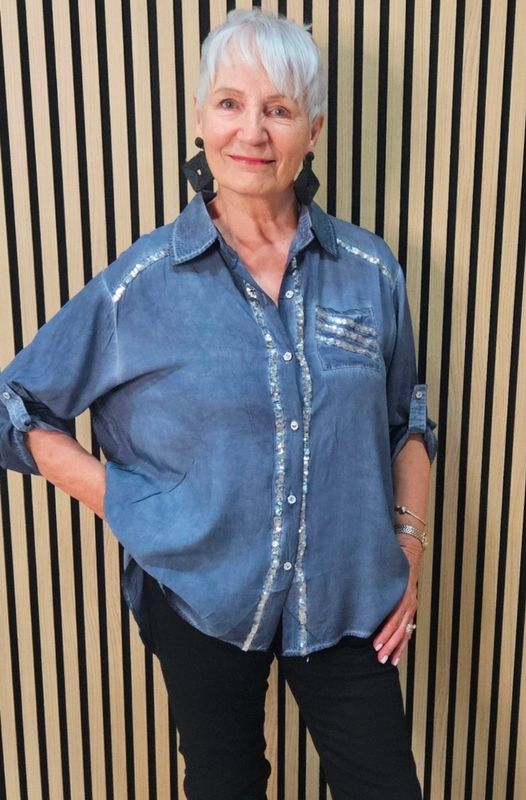 Sequin-Trim Washed-Effect Shirt