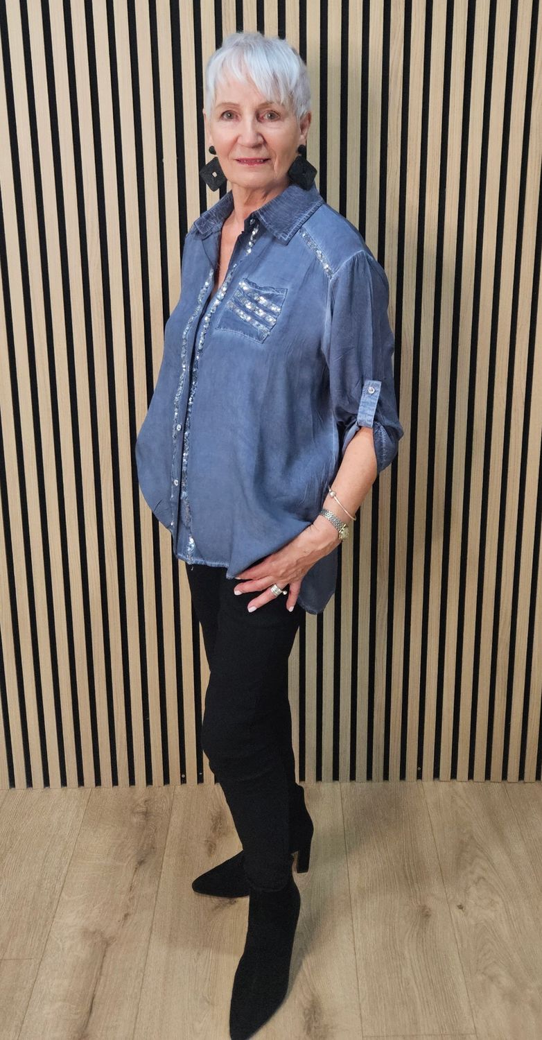 Sequin-Trim Washed-Effect Shirt