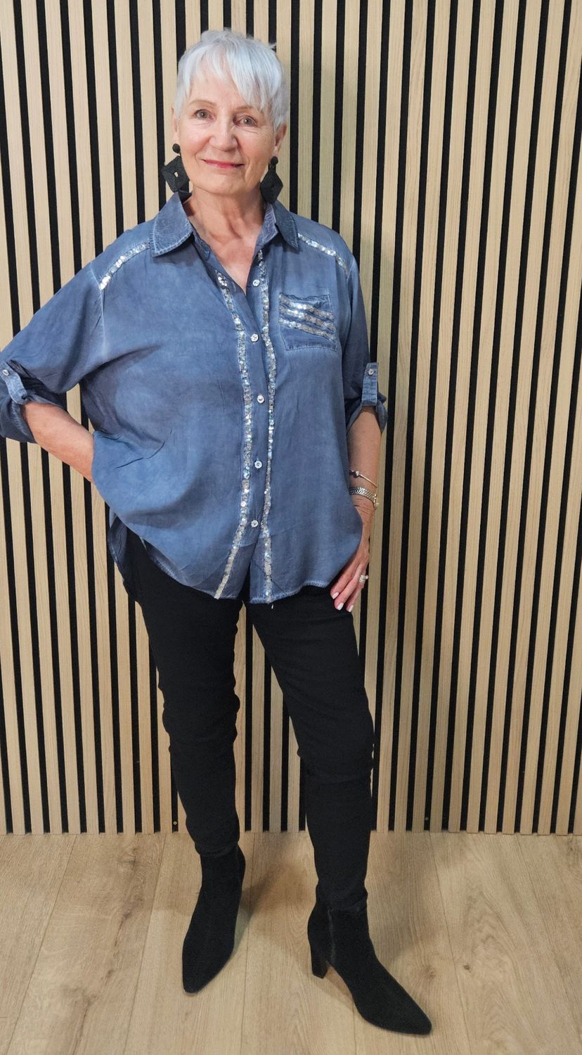 Sequin-Trim Washed-Effect Shirt