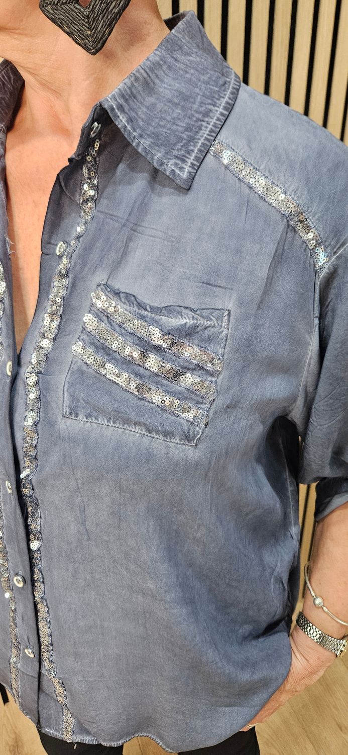 Sequin-Trim Washed-Effect Shirt