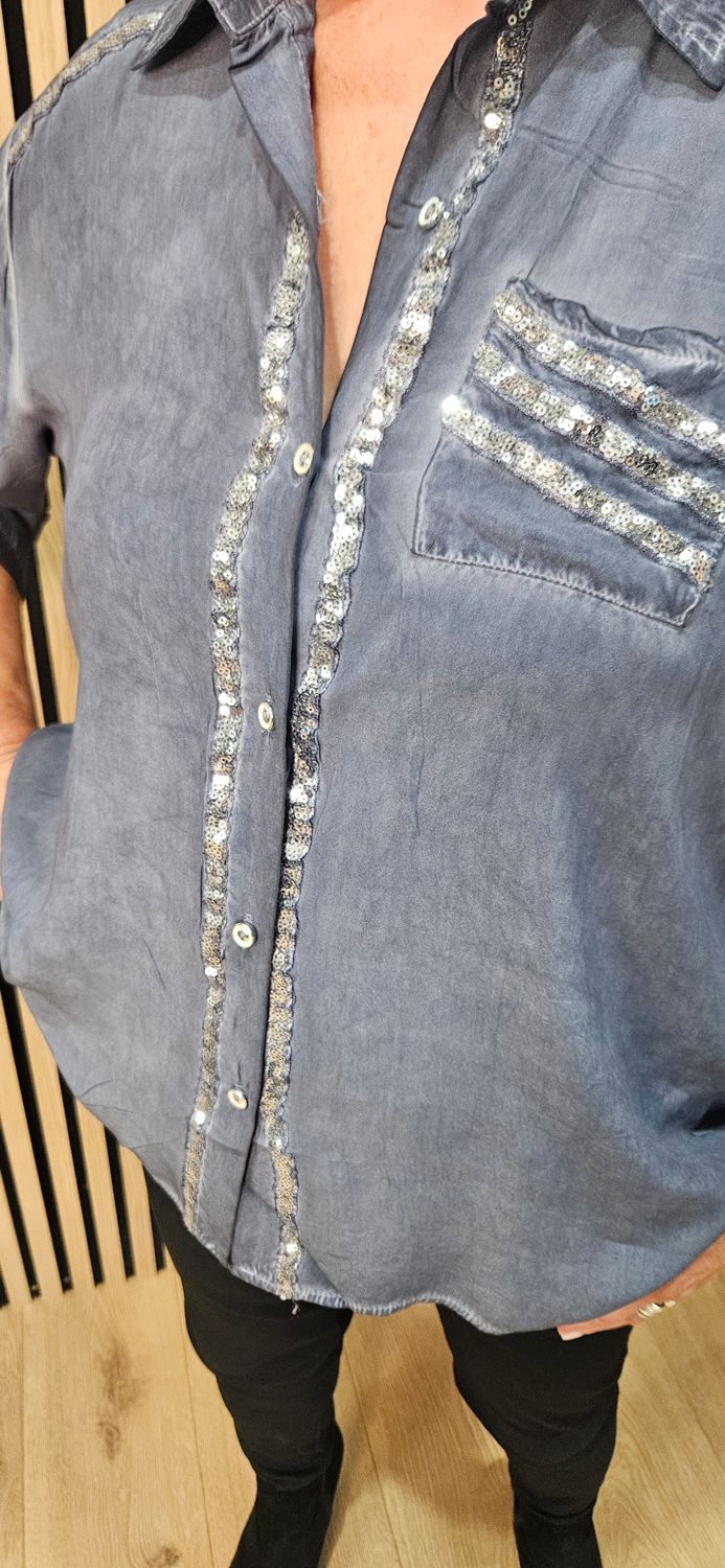 Sequin-Trim Washed-Effect Shirt