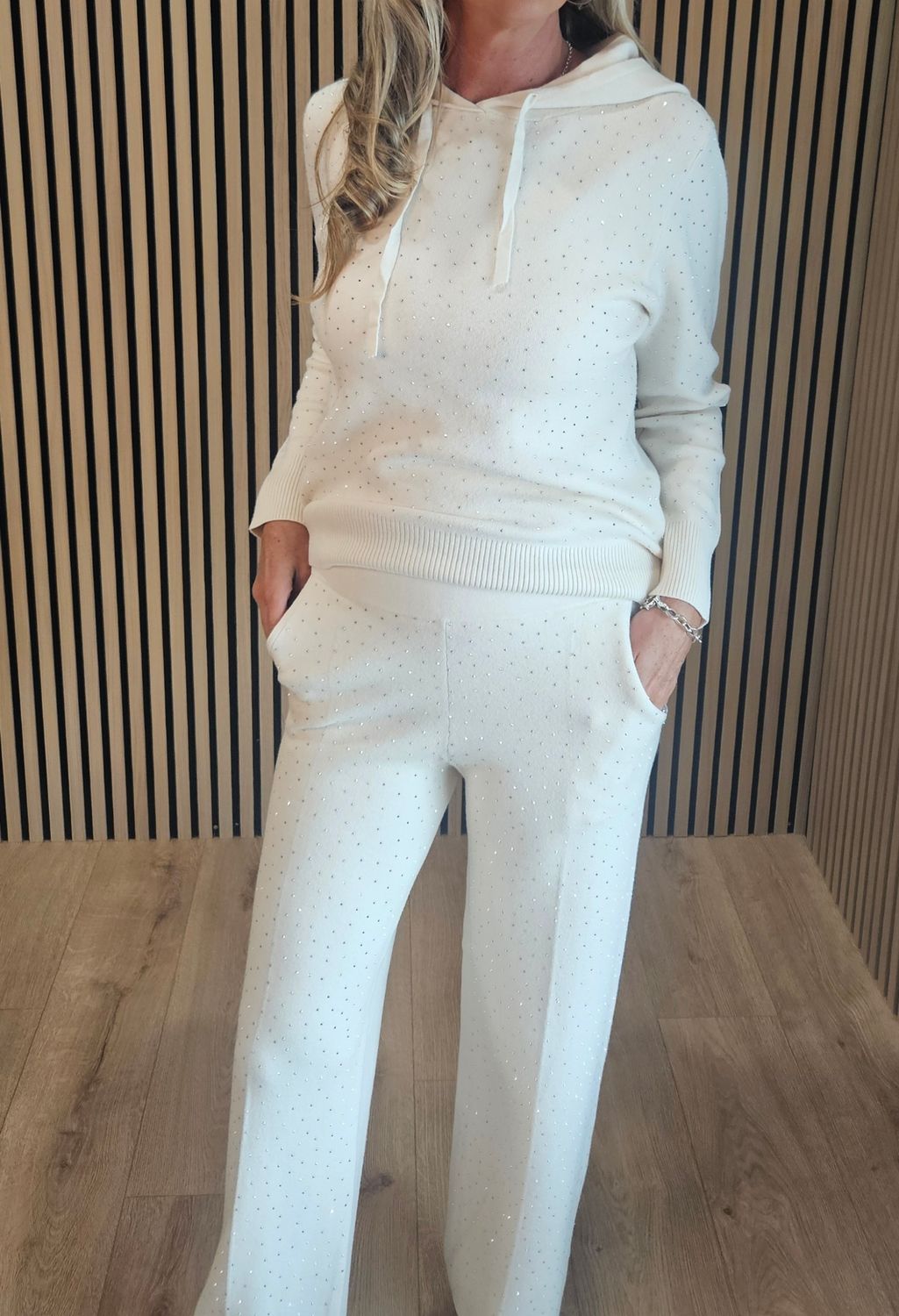 Two-Piece Knitted Diamanté Co-Ord - Cream