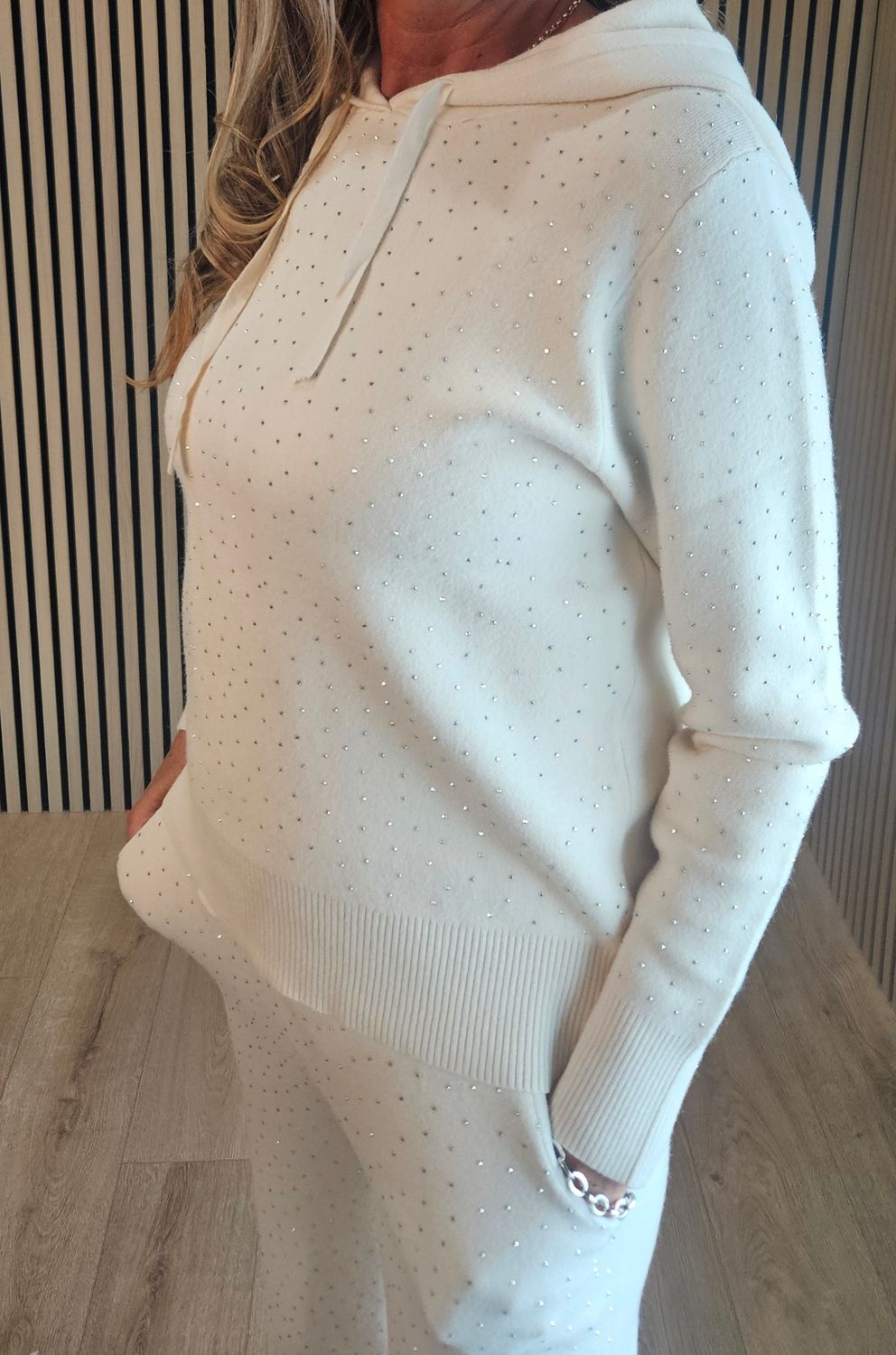 Two-Piece Knitted Diamanté Co-Ord - Cream