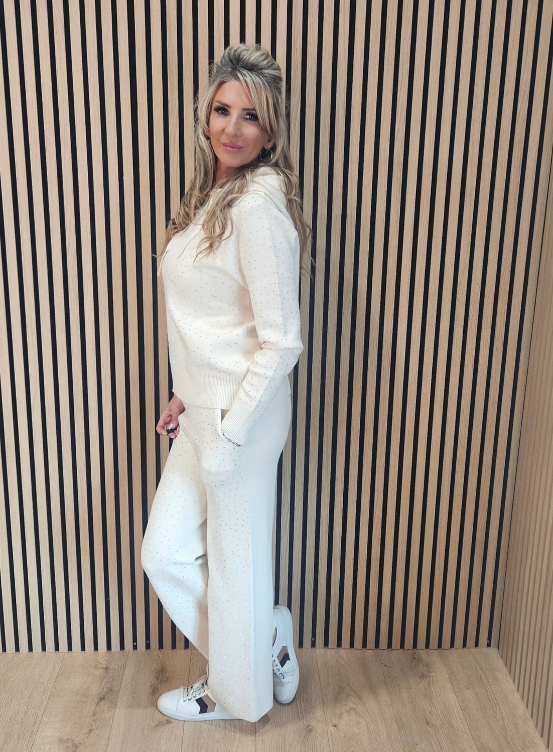 Two-Piece Knitted Diamanté Co-Ord - Cream