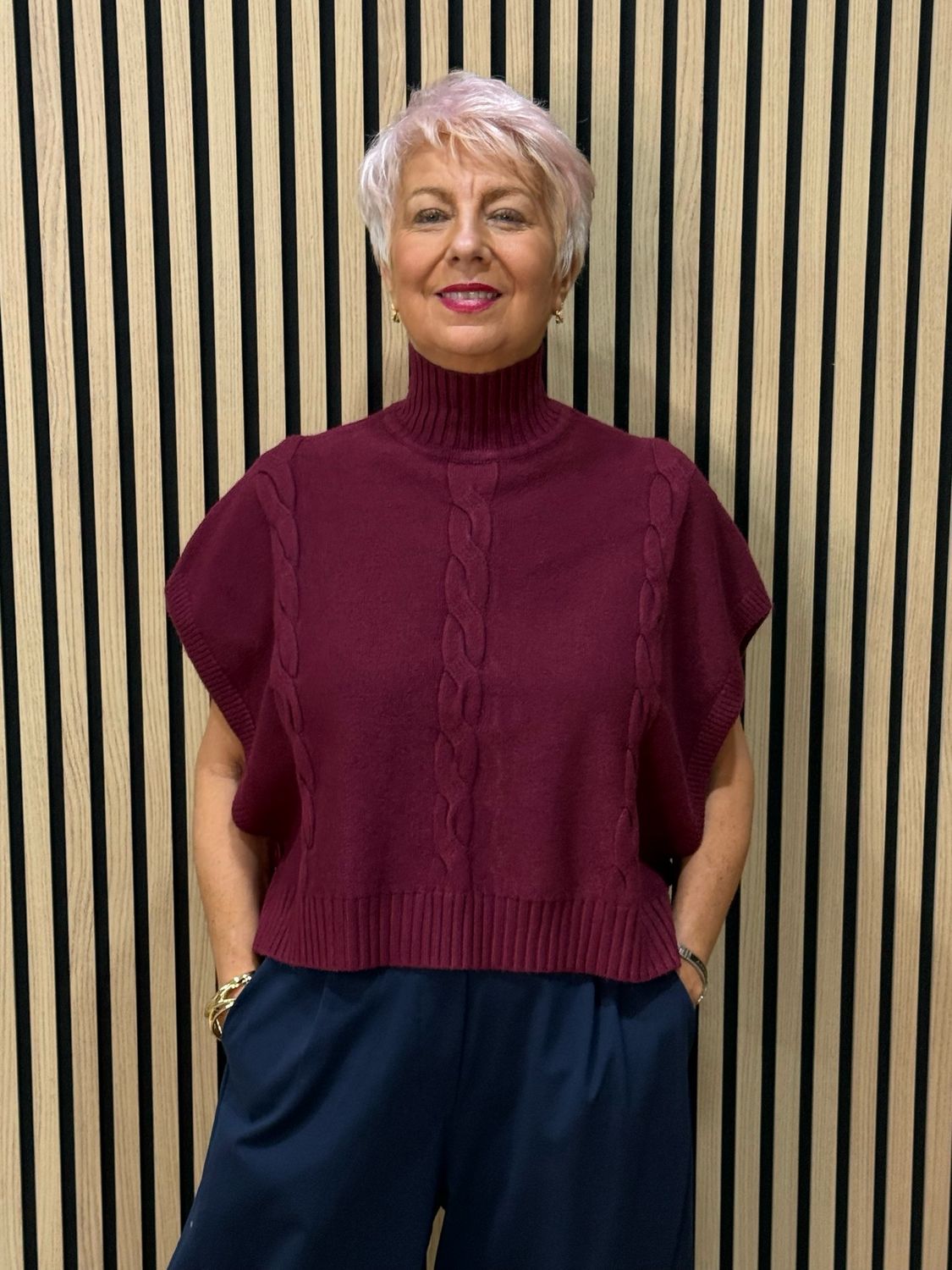 Cable Knit Roll Neck Poncho Jumper - Burgundy