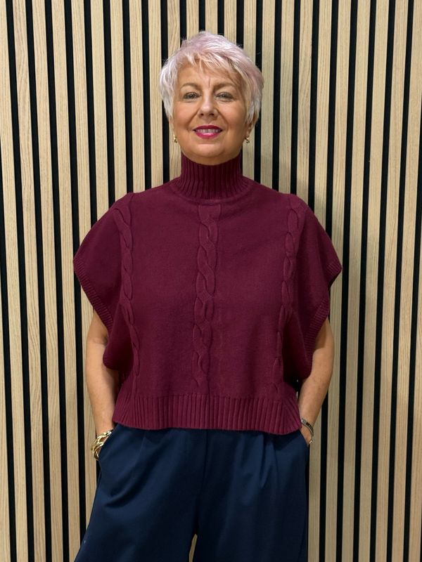 Cable Knit Roll Neck Poncho Jumper - Burgundy