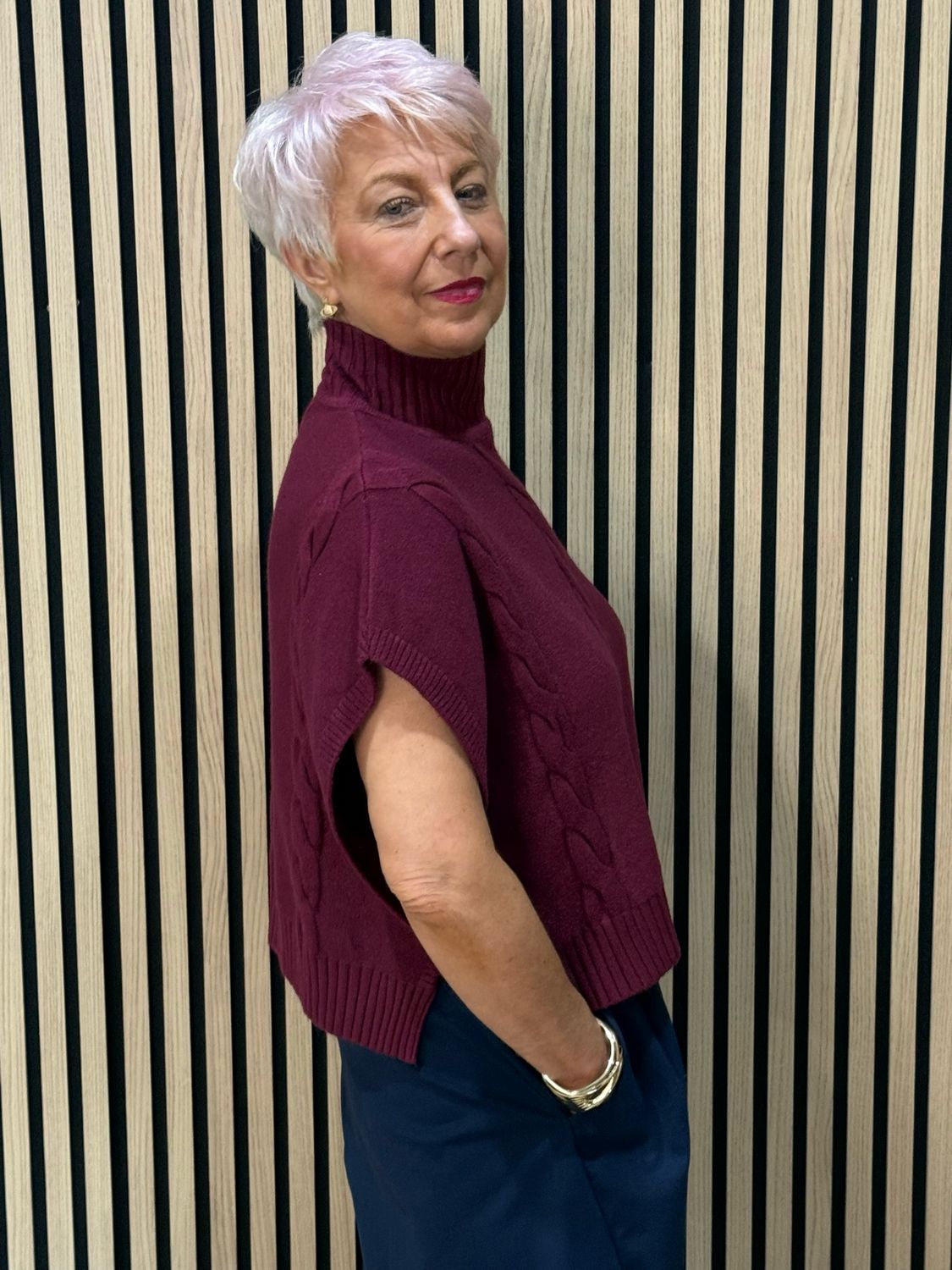 Cable Knit Roll Neck Poncho Jumper - Burgundy