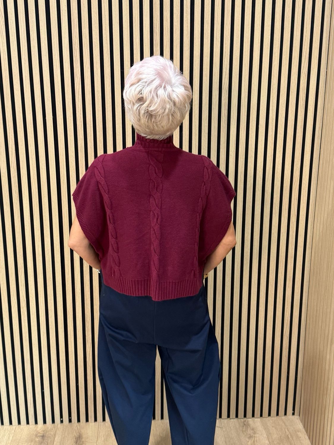 Cable Knit Roll Neck Poncho Jumper - Burgundy