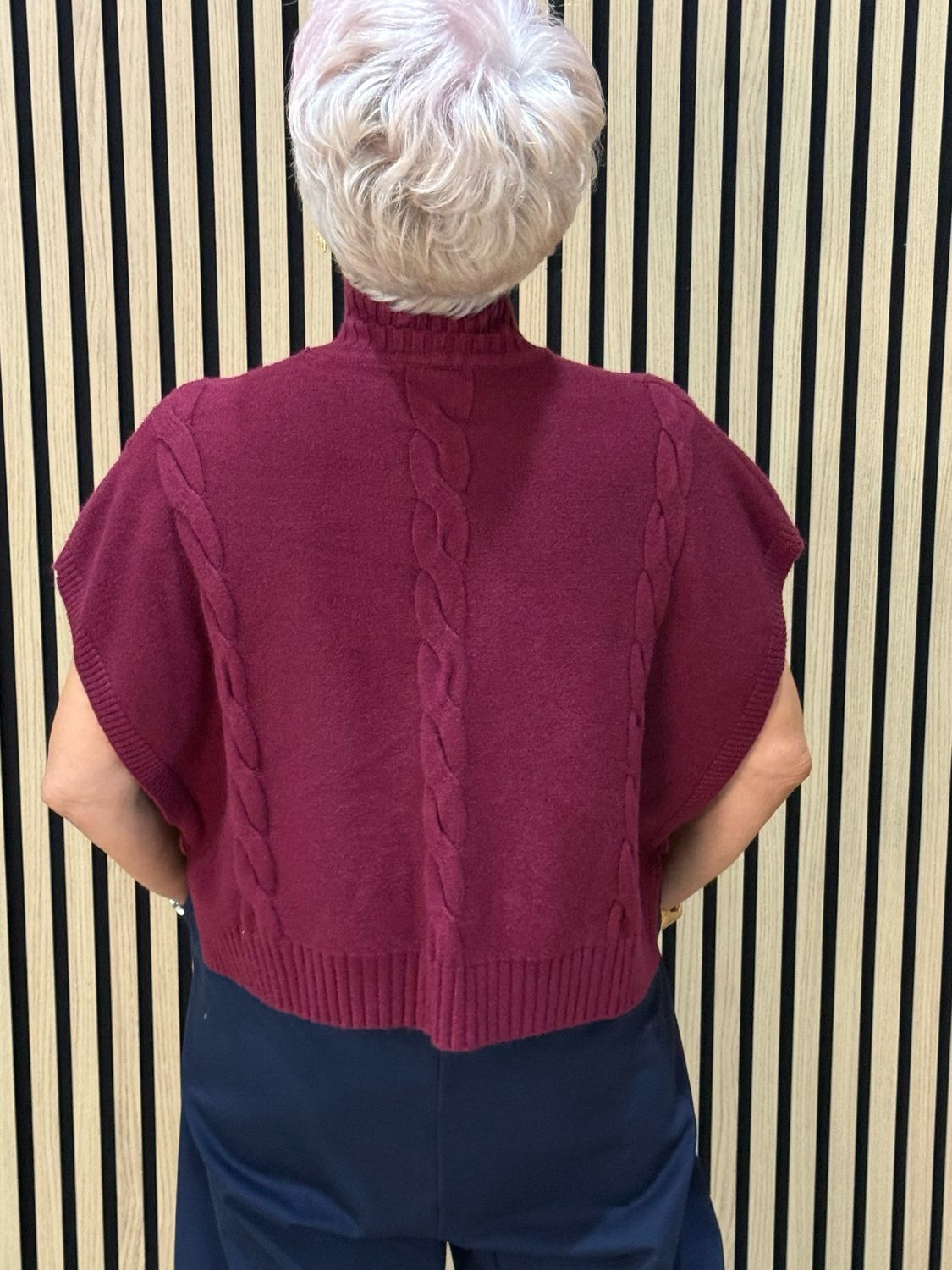 Cable Knit Roll Neck Poncho Jumper - Burgundy