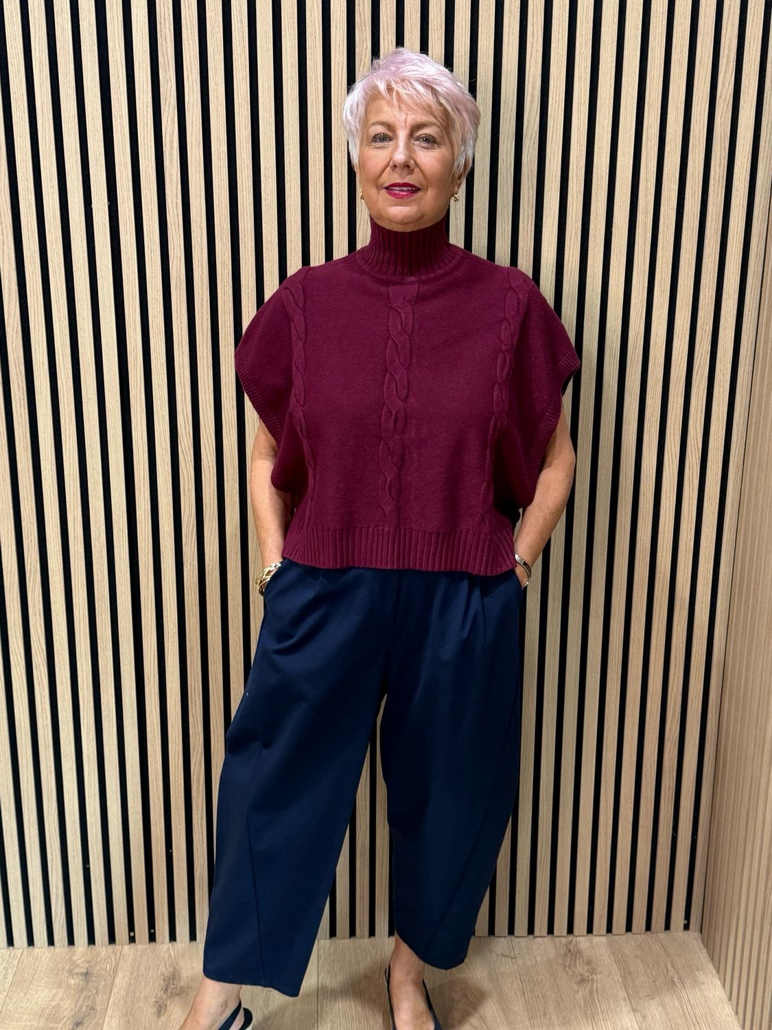 Cable Knit Roll Neck Poncho Jumper - Burgundy
