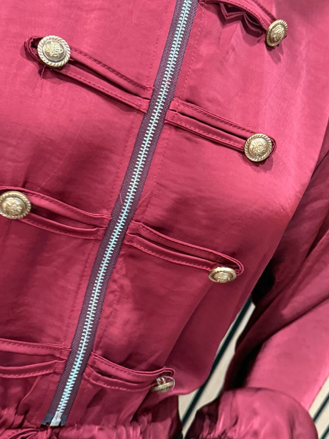 Satin Military Style Bomber Jacket - Burgundy