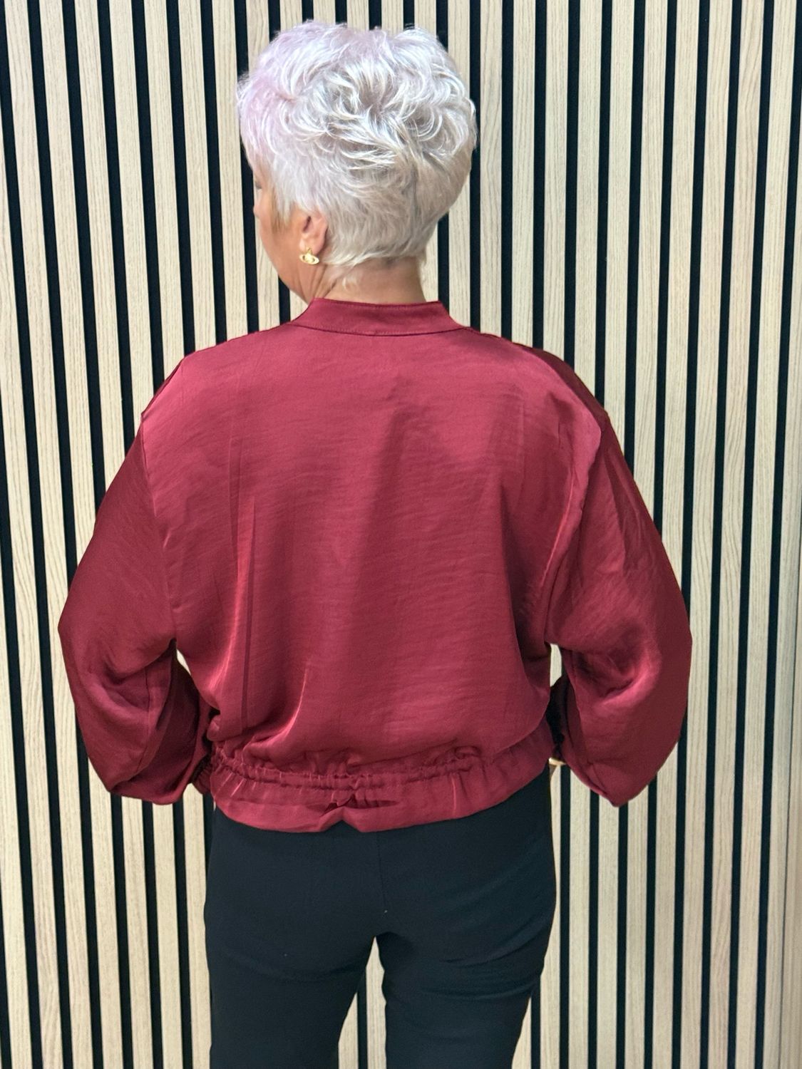 Satin Military Style Bomber Jacket - Burgundy