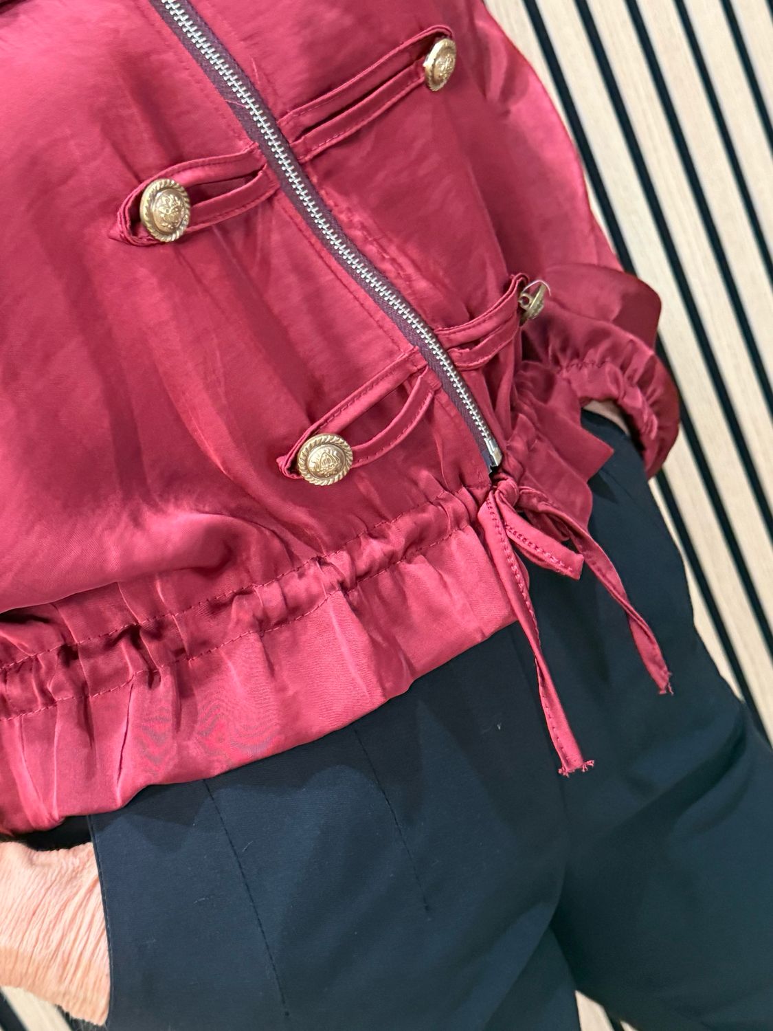Satin Military Style Bomber Jacket - Burgundy