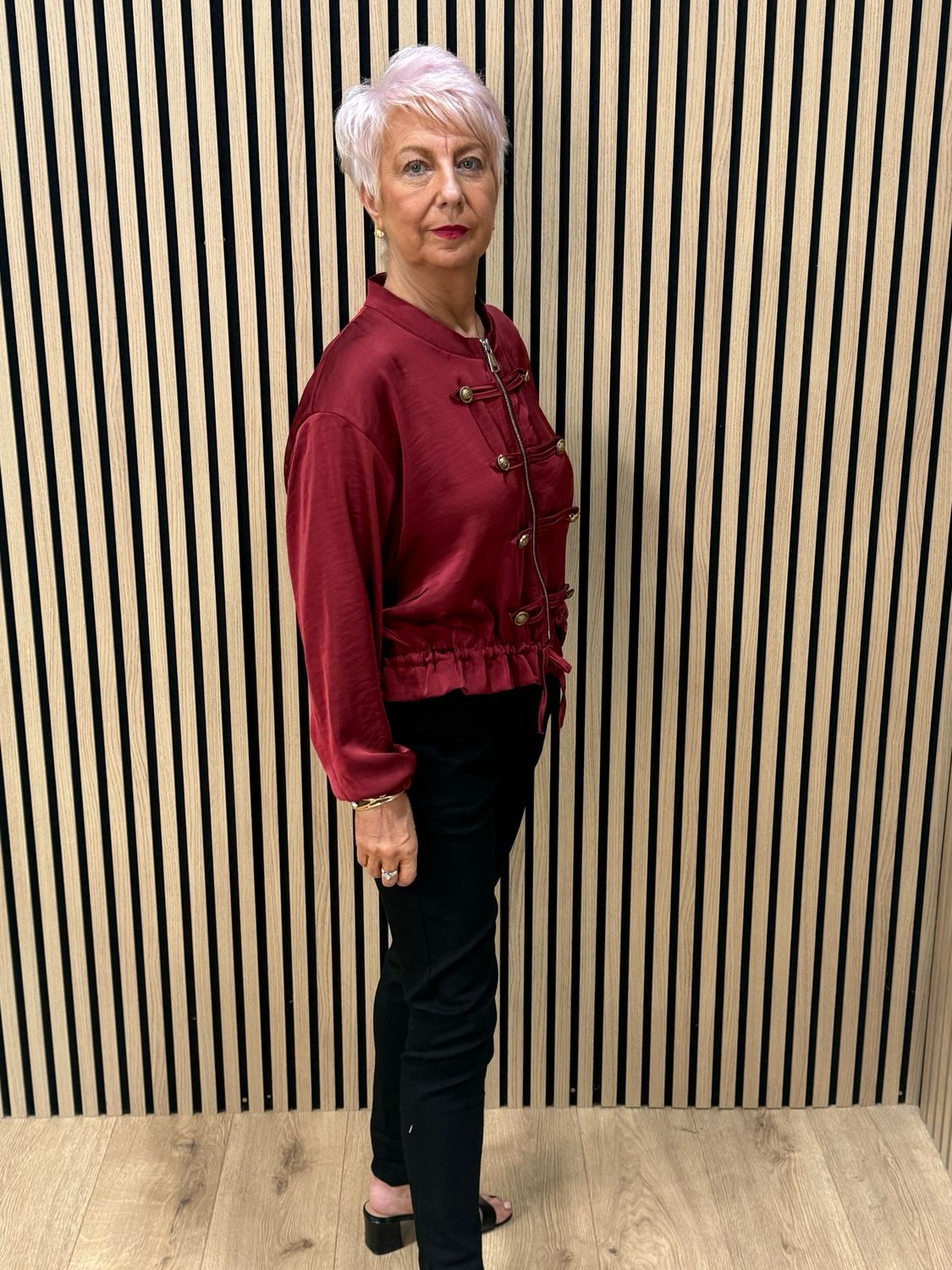 Satin Military Style Bomber Jacket - Burgundy