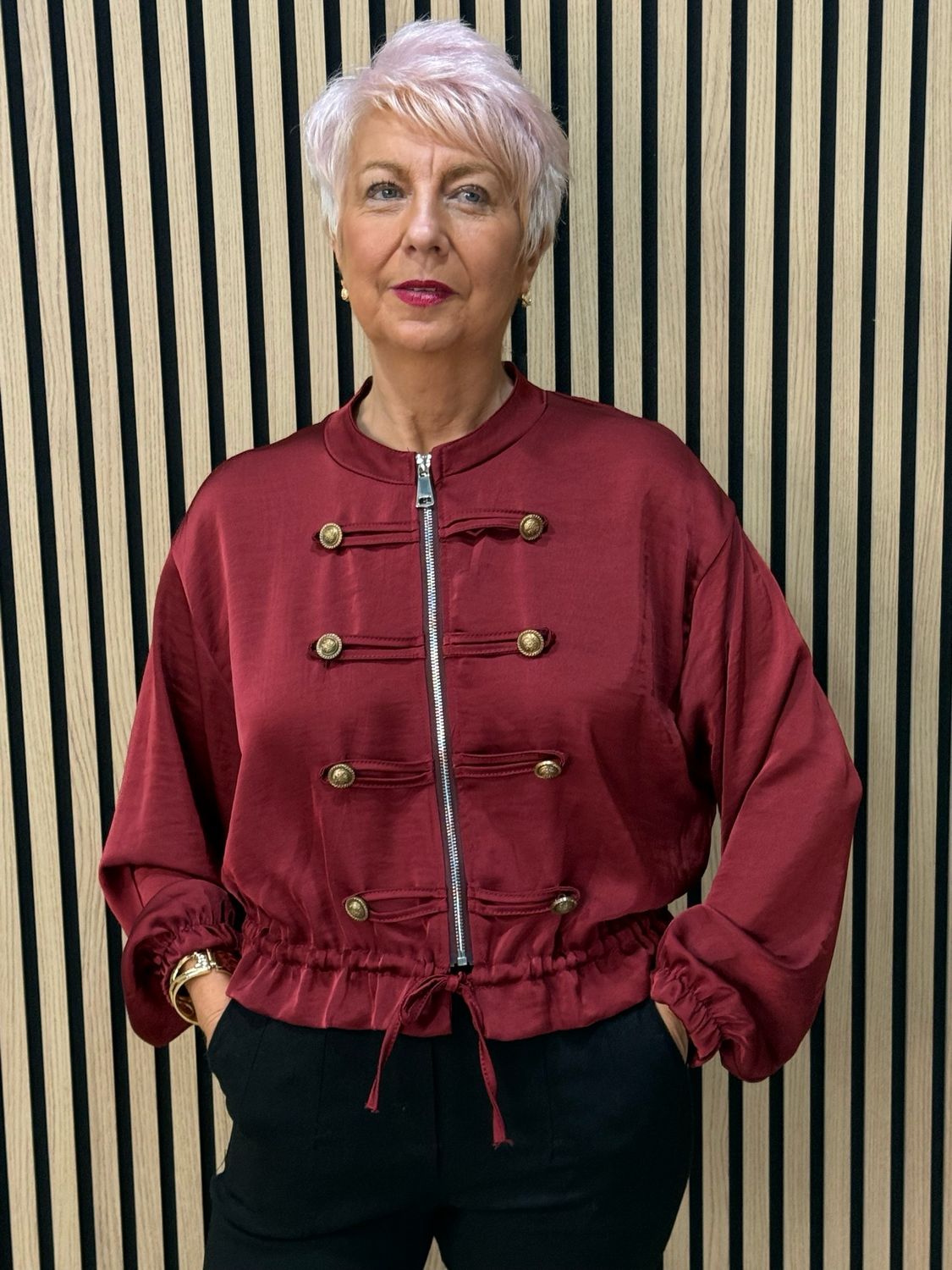 Satin Military Style Bomber Jacket - Burgundy
