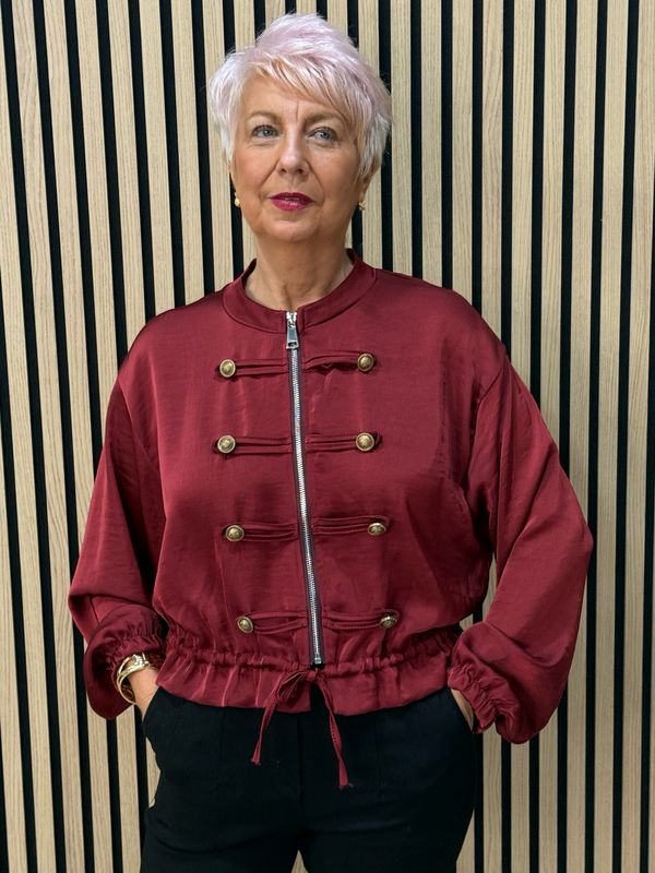 Satin Military Style Bomber Jacket - Burgundy