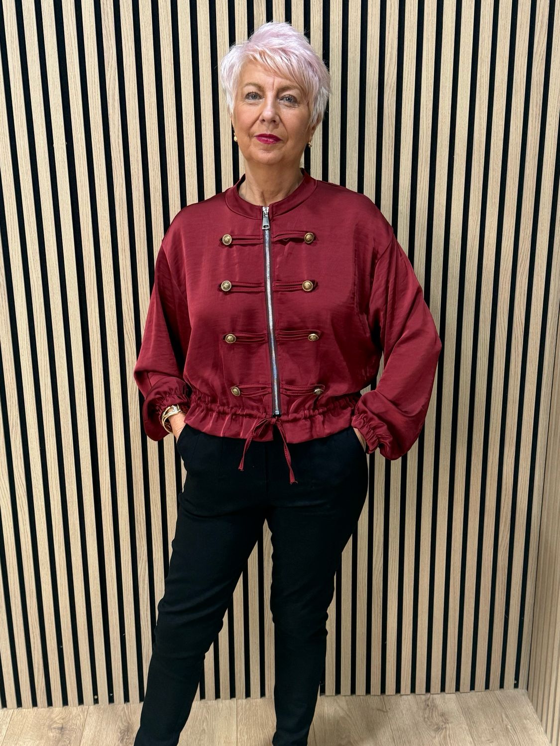 Satin Military Style Bomber Jacket - Burgundy