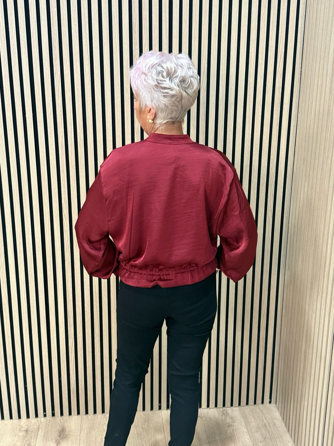 Satin Military Style Bomber Jacket - Burgundy