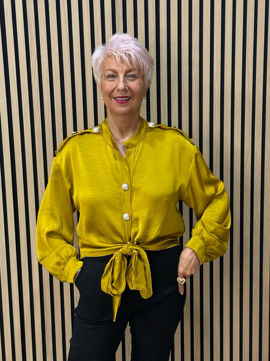 Satin Tie Front Military Style Top - Mustard