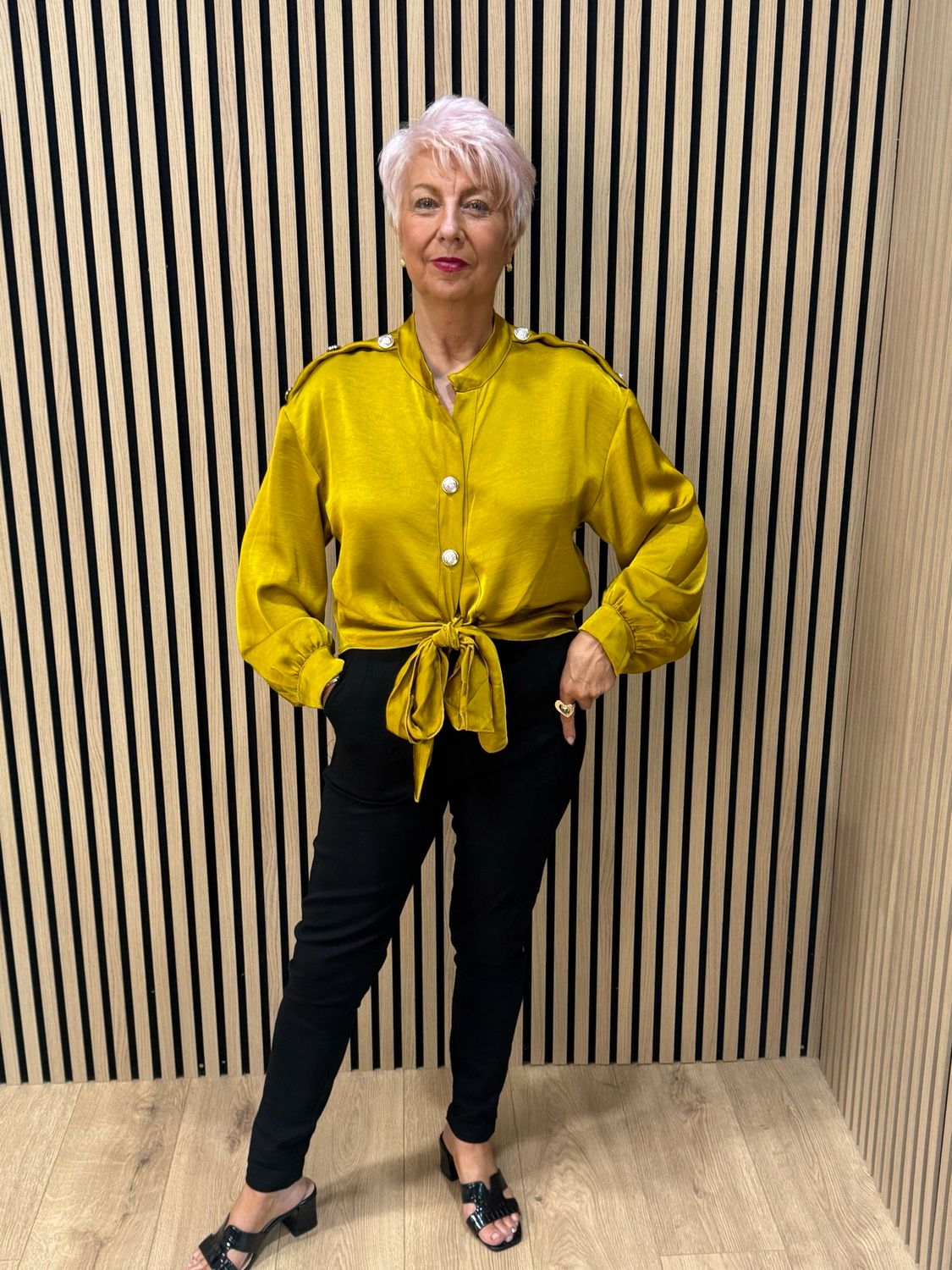 Satin Tie Front Military Style Top - Mustard