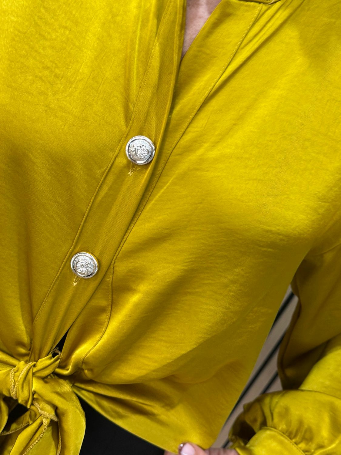 Satin Tie Front Military Style Top - Mustard