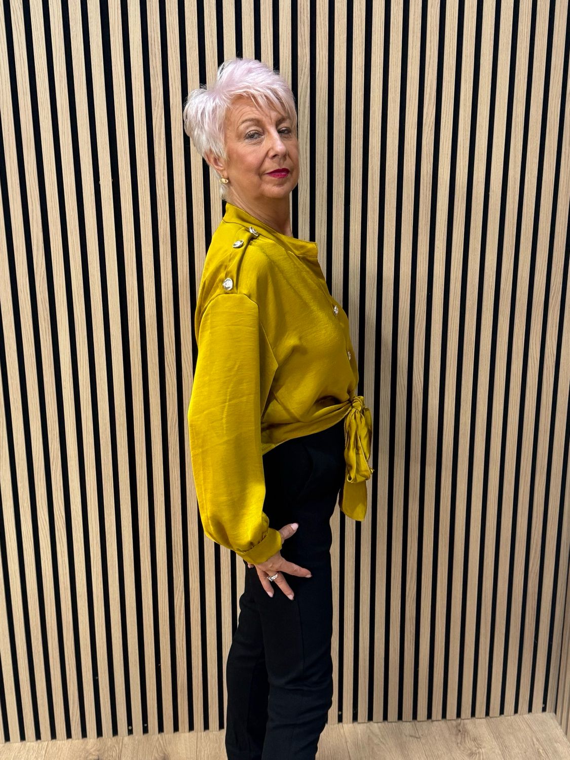 Satin Tie Front Military Style Top - Mustard