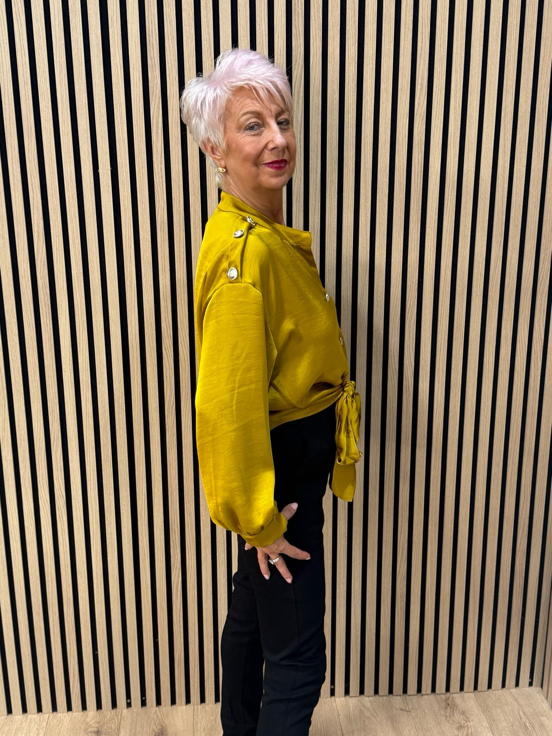 Satin Tie Front Military Style Top - Mustard