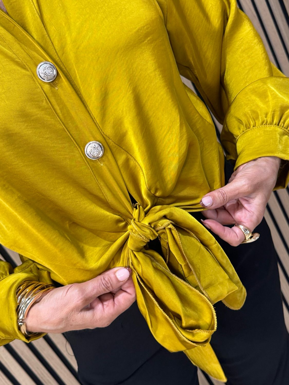 Satin Tie Front Military Style Top - Mustard