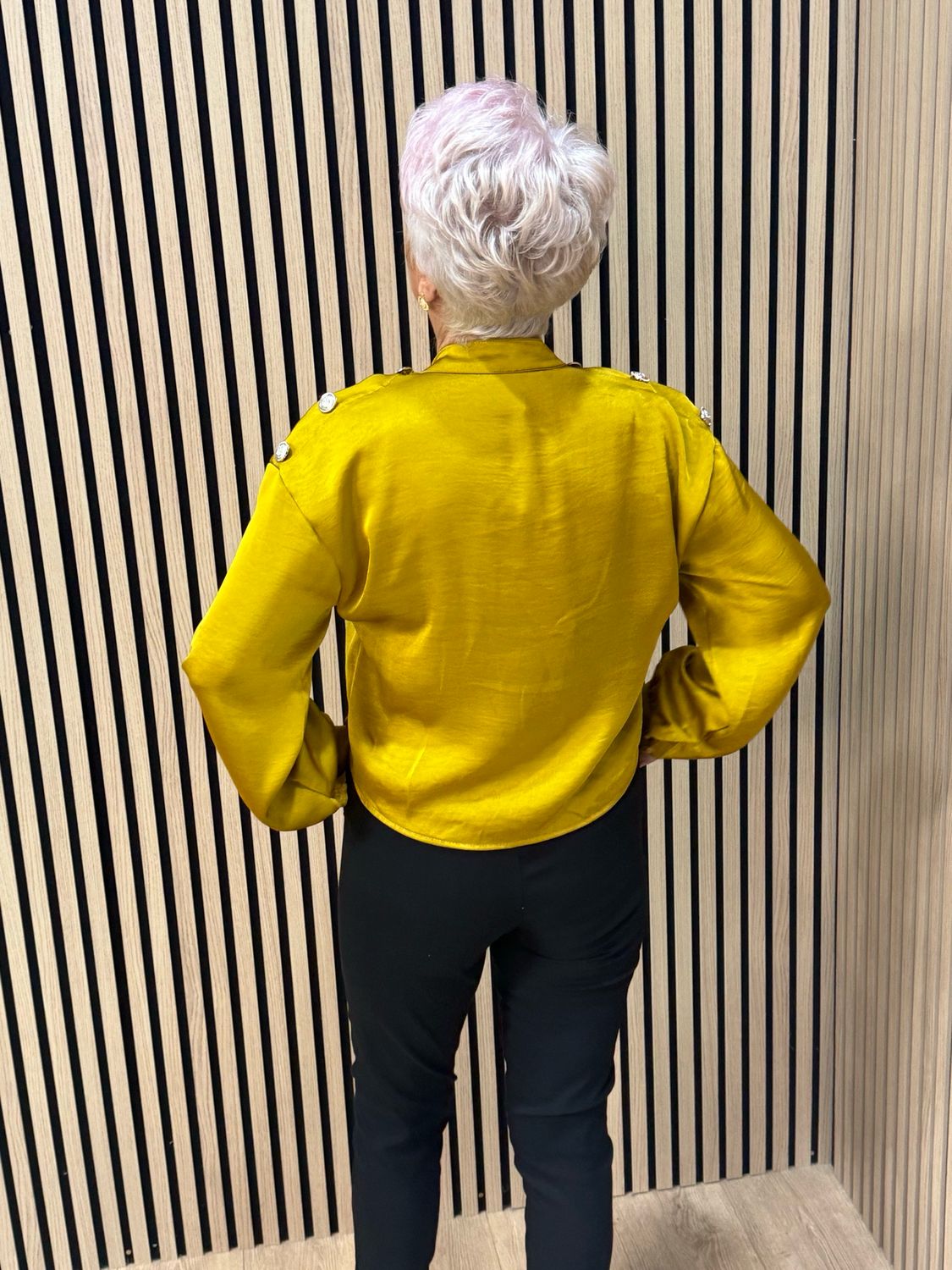 Satin Tie Front Military Style Top - Mustard