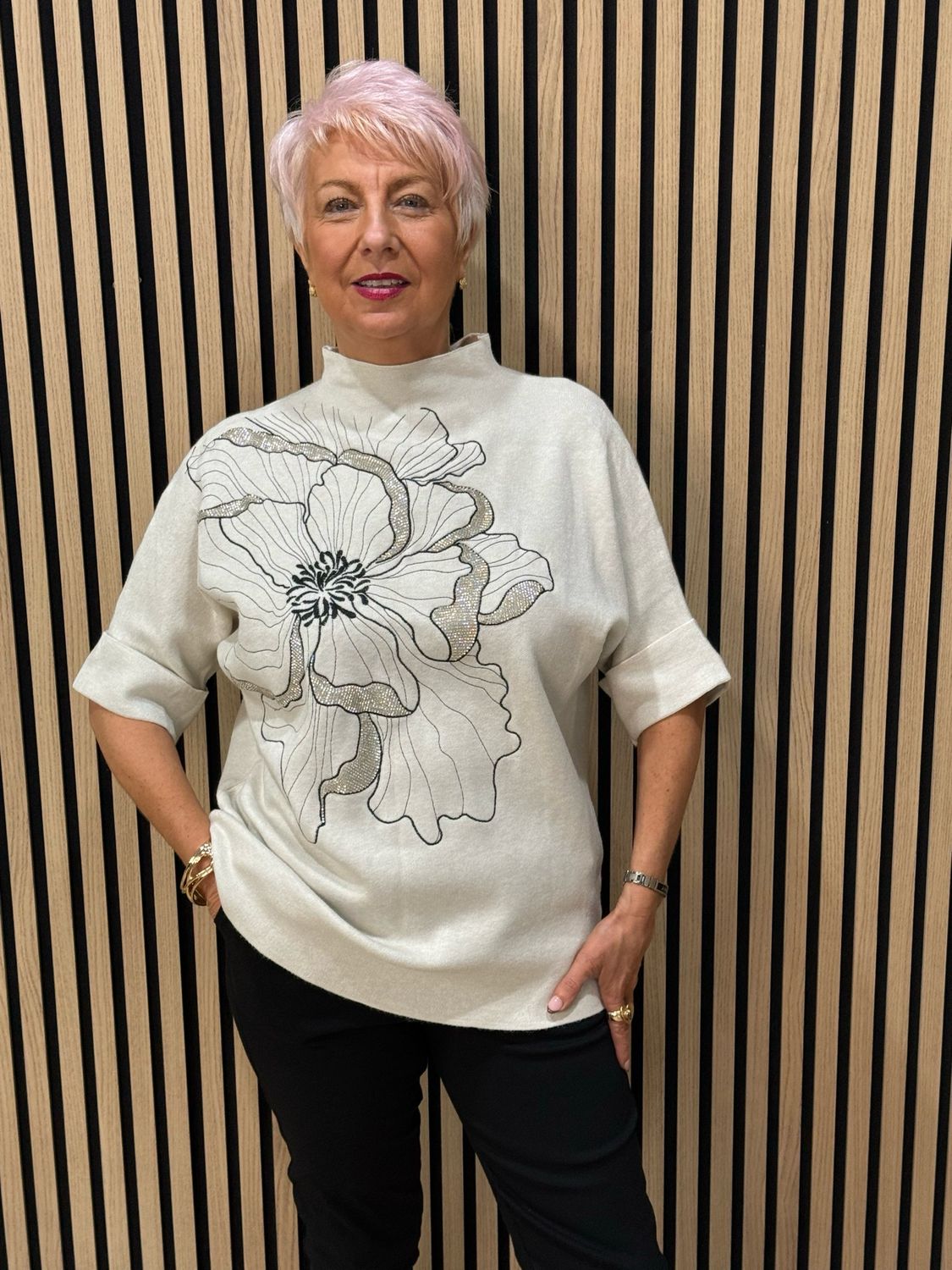 Floral Diamanté Soft Knit Jumper - Cream