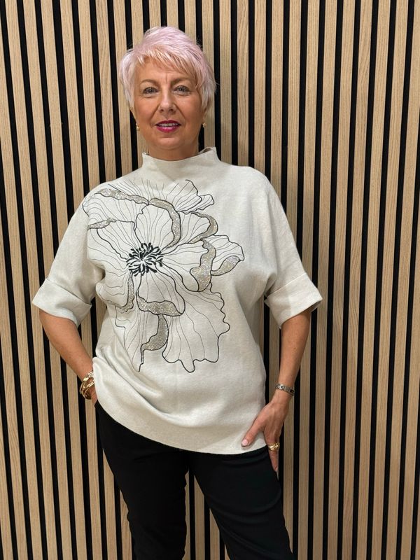 Floral Diamanté Soft Knit Jumper - Cream