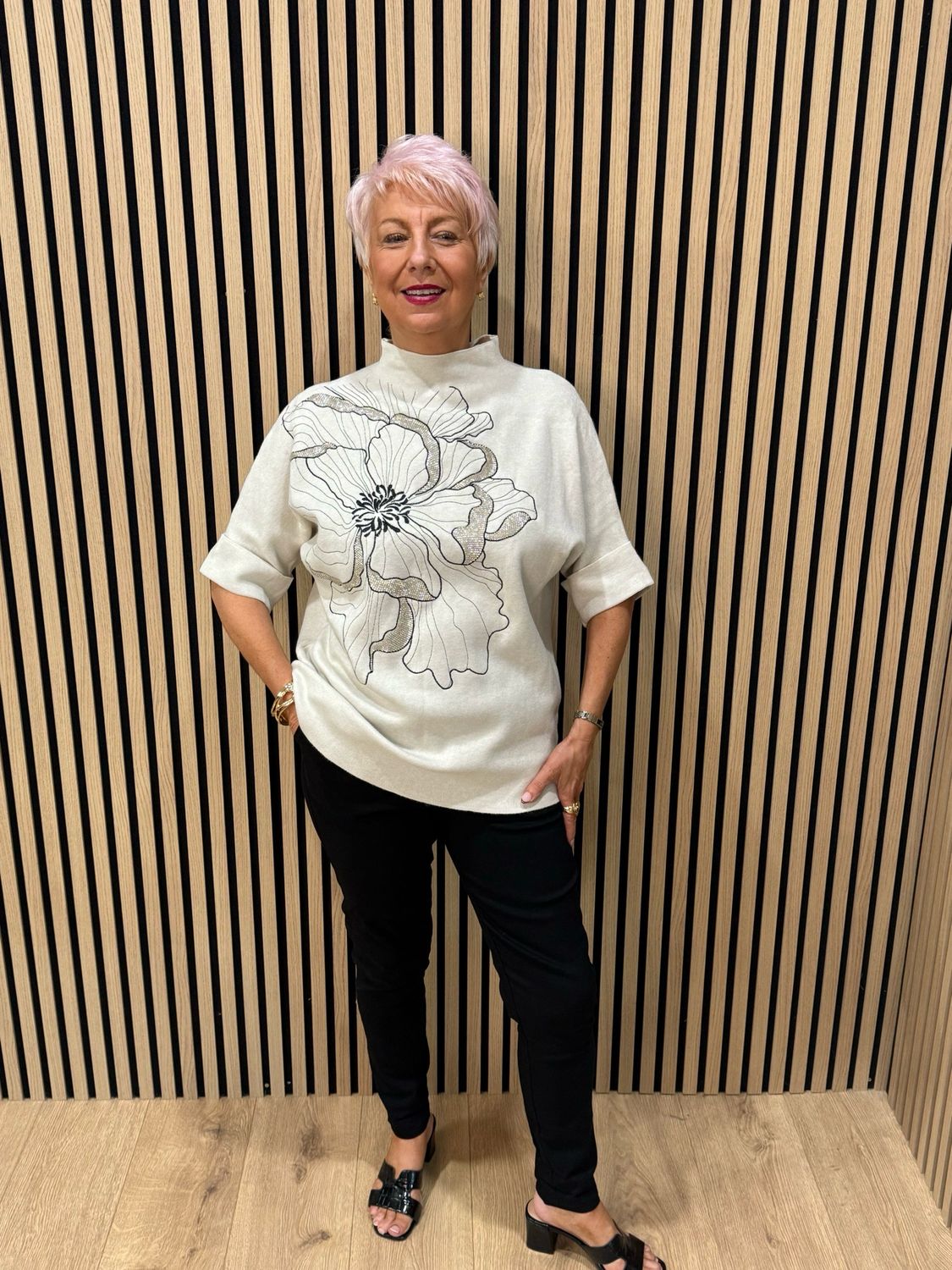 Floral Diamanté Soft Knit Jumper - Cream