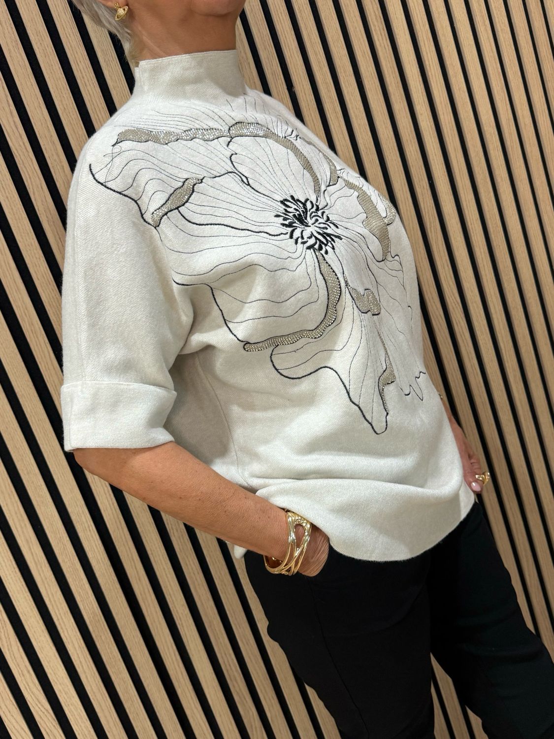 Floral Diamanté Soft Knit Jumper - Cream