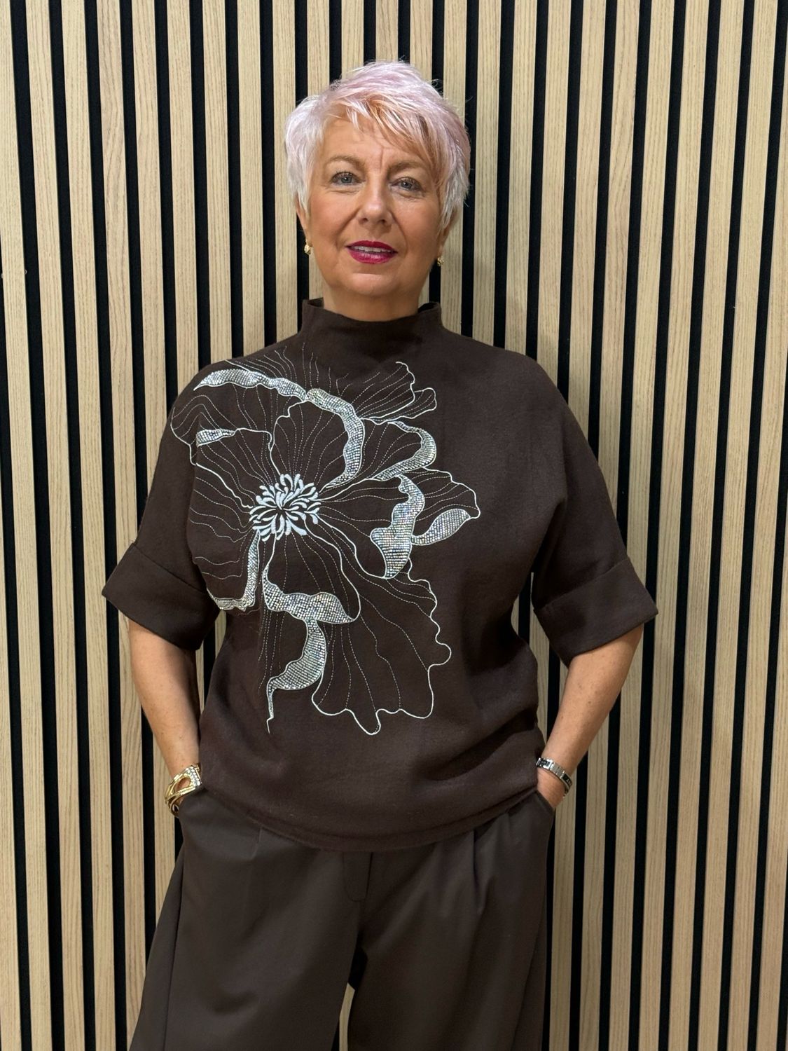 Floral Diamanté Soft Knit Jumper - Chocolate