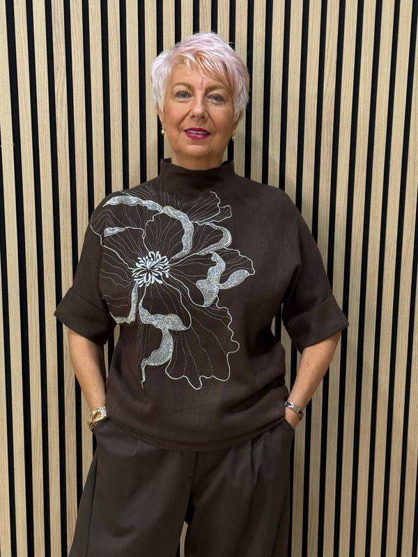 Floral Diamanté Soft Knit Jumper - Chocolate