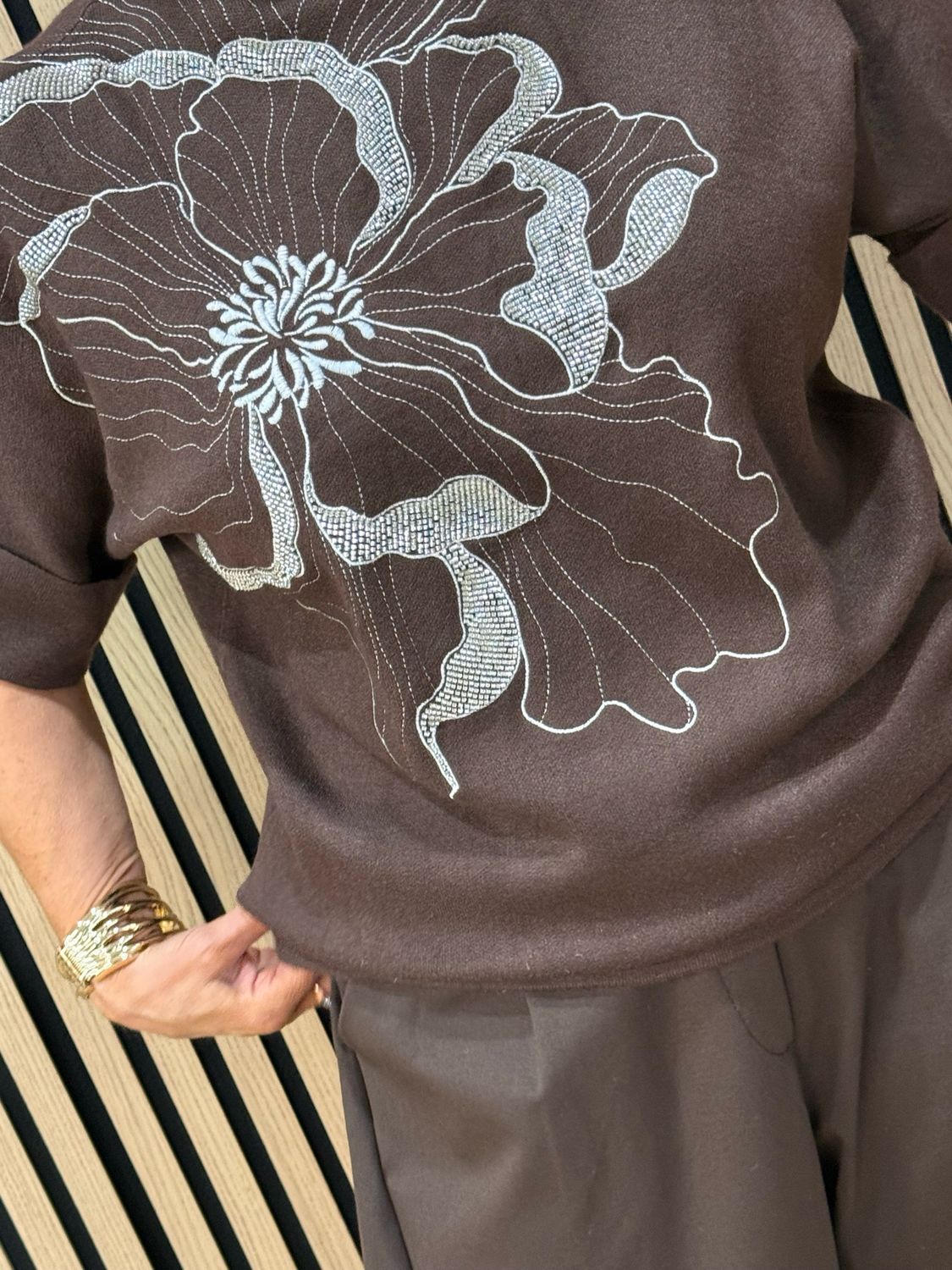 Floral Diamanté Soft Knit Jumper - Chocolate