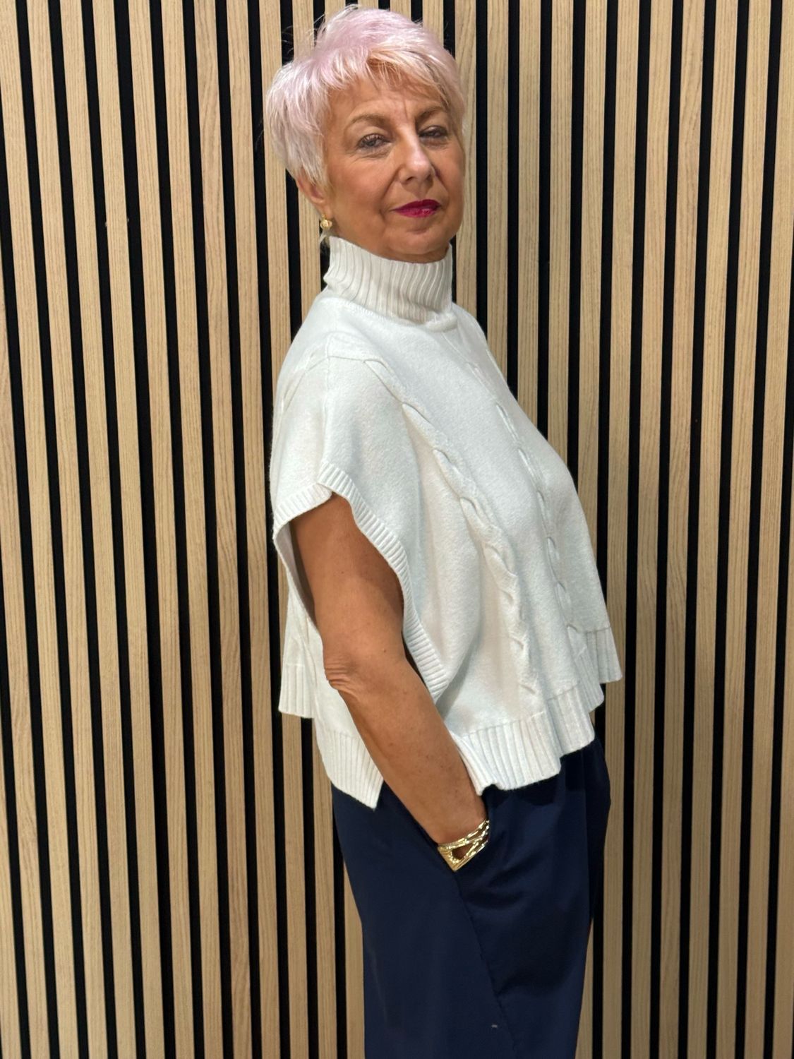 Cable Knit Roll Neck Poncho Jumper - Cream