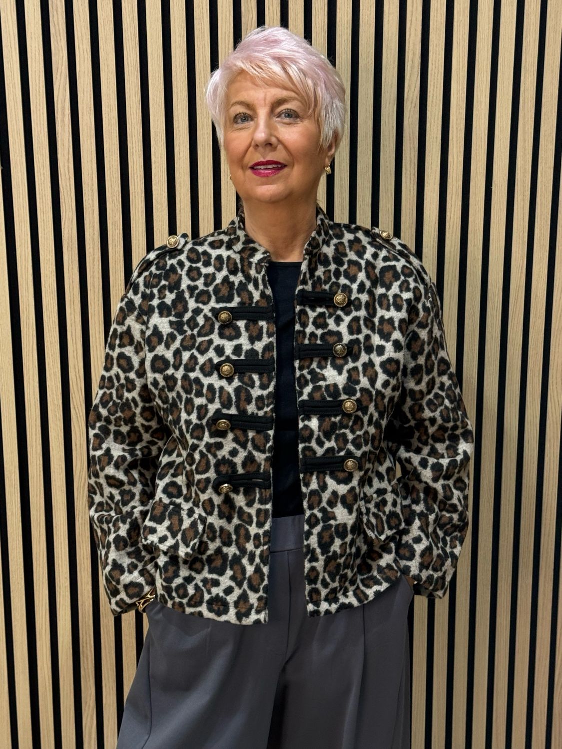 Leopard Print Military Style Jacket - Cream/Black/Brown