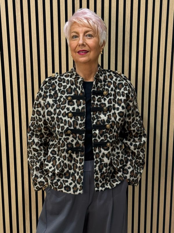 Leopard Print Military Style Jacket - Cream/Black/Brown